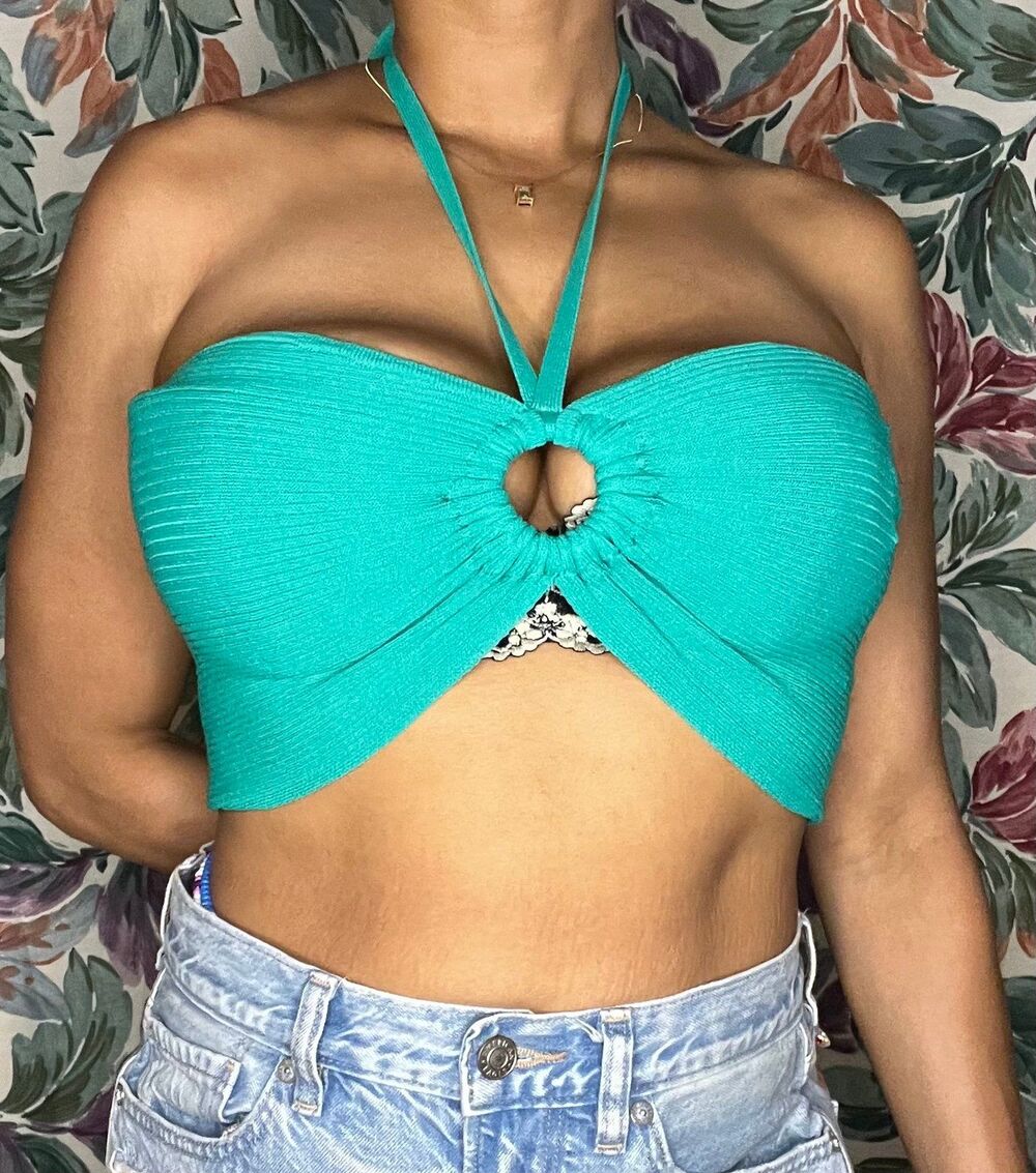 Ribbed Green Blue Forever 21 Key Hole Halter Crop Top